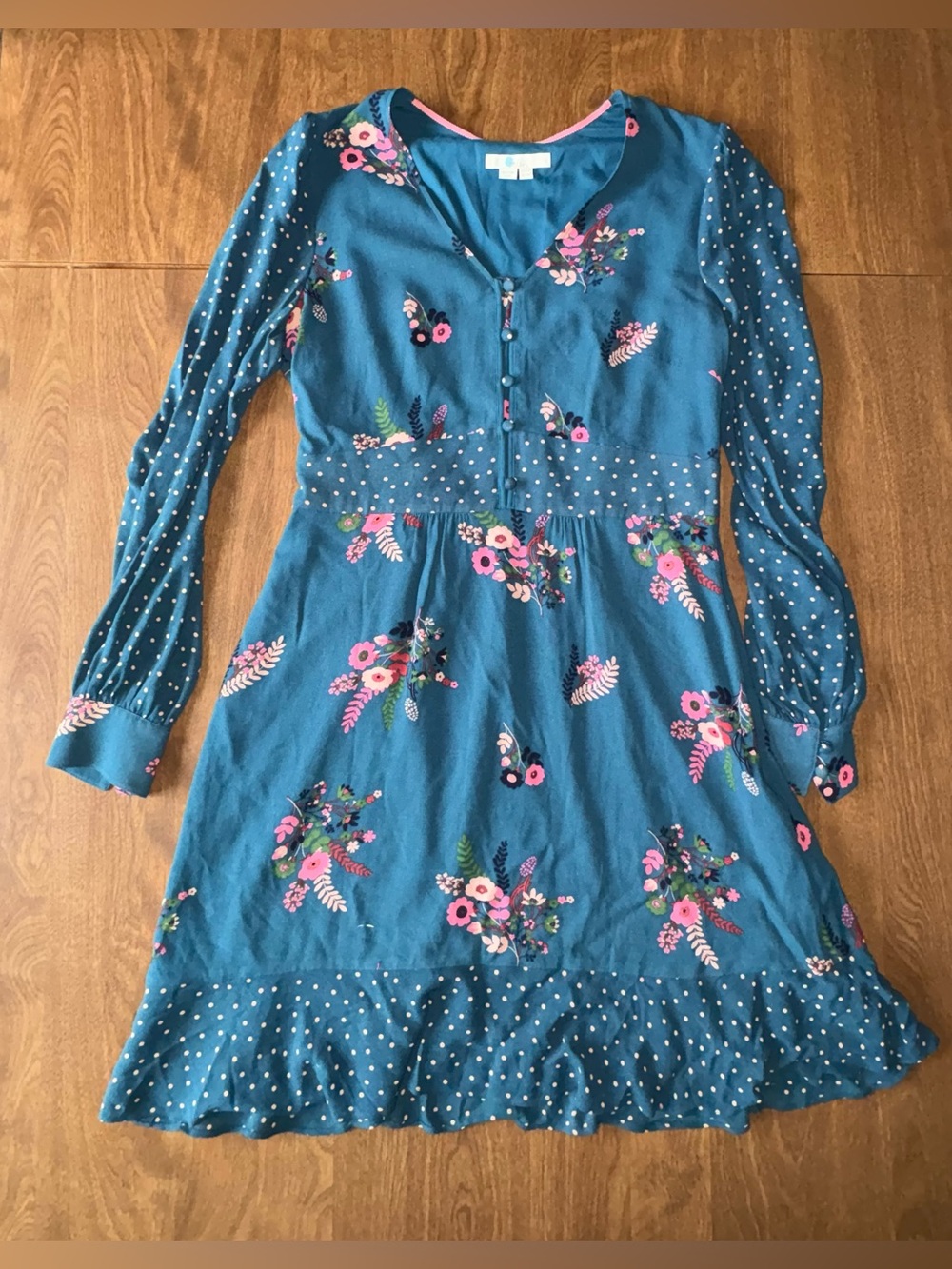 Boden Teal Floral Long-Sleeve Casual Dress